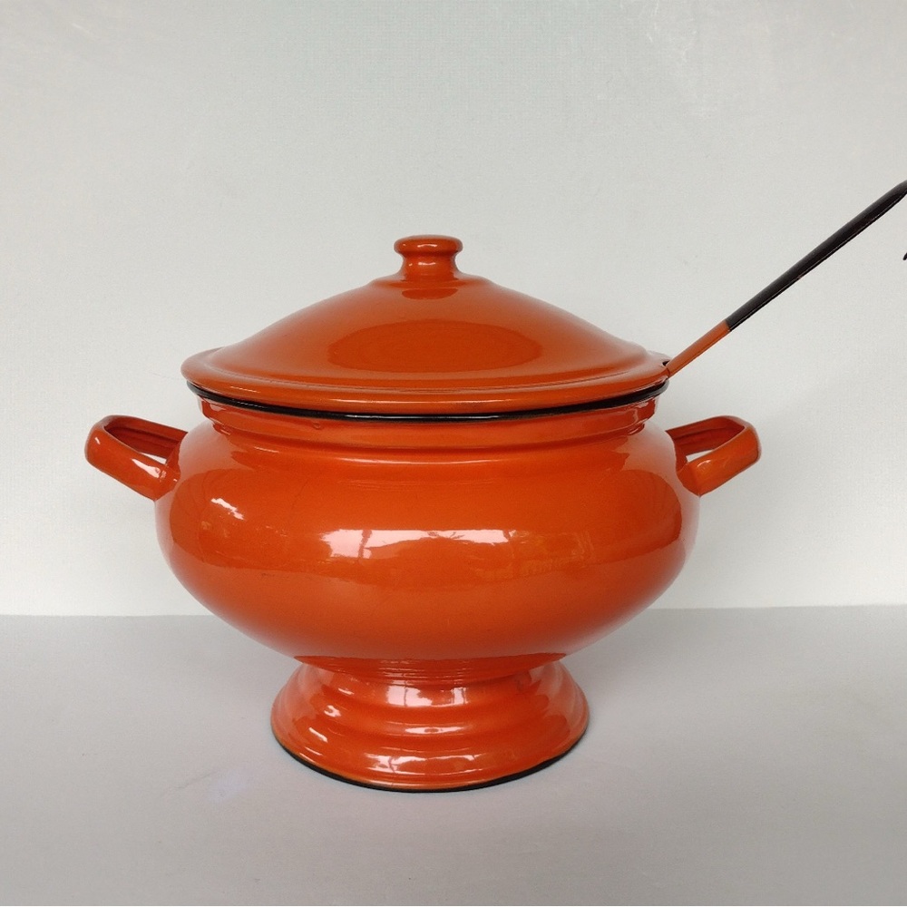 Vintage Enamelware Orange Soup Tureen with Ladle & Plate